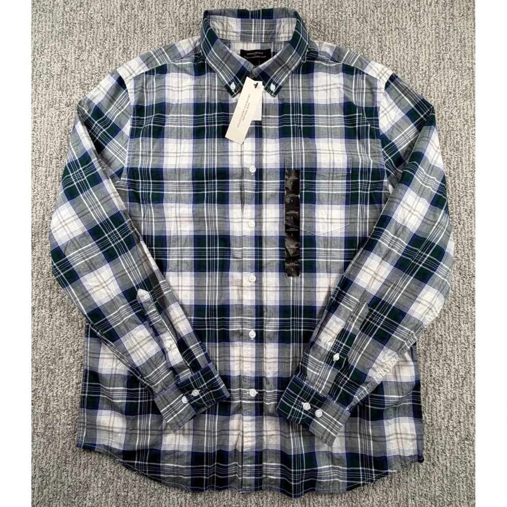 NEW Banana Republic Button Down Shirt Mens L Green Navy Plaid Slim Fit Untucked